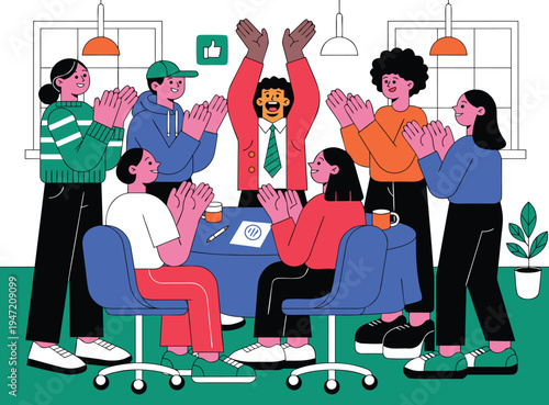 Diverse Team Celebrating Success in Office Meeting Illustration