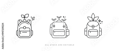 Eco backpack line icon. school supplement, Leave with Sprouting Plant Vector illustration