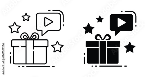 Gift box icon with video play button speech bubble and stars representing digital rewards online content bonuses and streaming prizes