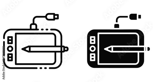 Graphic drawing tablet icon set with digital pen stylus and usb cable connection for creative design work and illustration