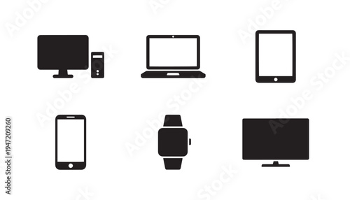 Modern technology icons: silhouette set including computer, laptop, tablet, phone, and smartwatch, black and white