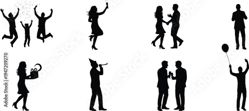 Party celebration silhouette set featuring dancing people, jumping family, couple dancing, friends drinking, woman with gift, man with balloon and festive celebration activities.