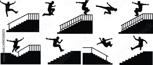 Parkour athlete silhouettes jumping over stairs and railings set showing freerunning urban sport action isolated on white background extreme movement training concept