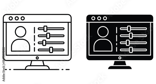 User profile settings interface on computer monitor screen with adjustment sliders and person icon in outline and solid styles