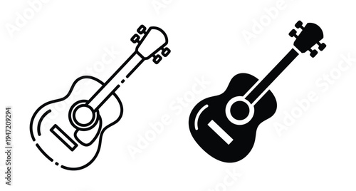 Acoustic guitar icon set with outline and solid silhouette styles for music apps web design and creative graphic art projects