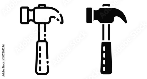 Hammer icon set with outline and solid black styles for construction carpentry repair maintenance hardware tools diy projects building equipment