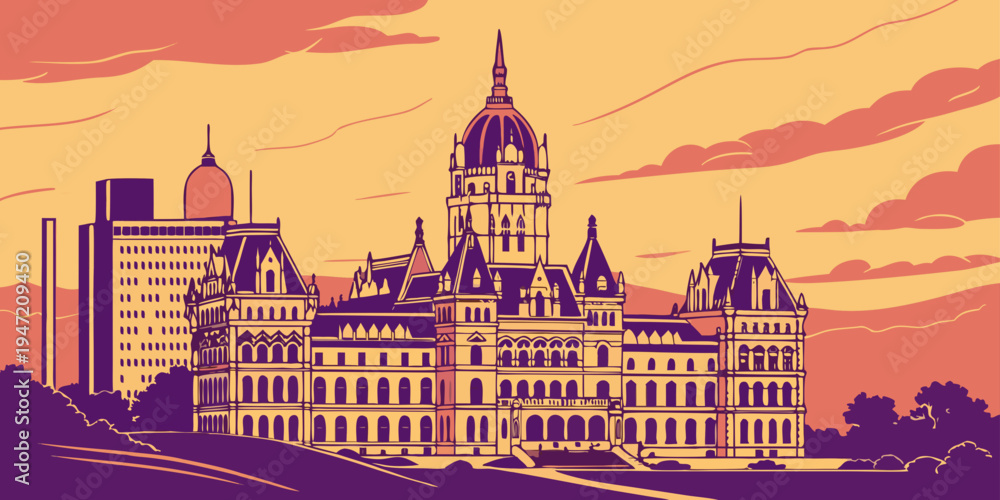 Fototapeta premium USA, US, U.S, United States - Albany Skyline at Sunset – Glowing Capitol Buildings, Panoramic Cityscape, and Historic Architecture in the United States
