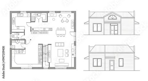 Bakery Floor Plan Blueprint Vector – Baking Shop Layout Multi View Technical Line Drawing Isolated on White