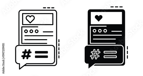 Social media post icons featuring heart like button and hashtag speech bubble for digital marketing and social media post icons