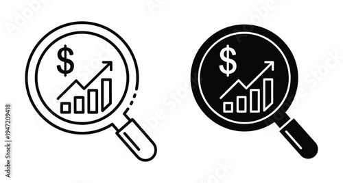 Magnifying glass icon showing dollar sign and rising bar chart for financial analysis market research investment growth and profit monitoring