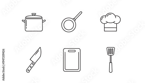 Kitchen utensil icons: line art set featuring pot, pan, chef hat, knife, and spatula, cutting board
