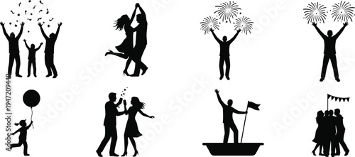 People celebrating party and festival silhouette set featuring dancing couple, fireworks celebration, family joy, friends gathering and festive event activities.