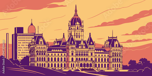 USA, US, U.S, United States - Albany Skyline at Sunset – Glowing Capitol Buildings, Panoramic Cityscape, and Historic Architecture in the United States