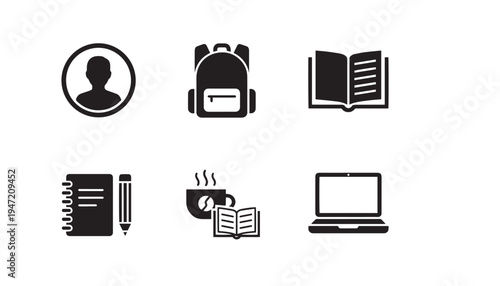 School and study icons: black silhouette set with person icon, backpack, books, plant, and laptop