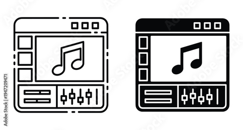 Music production software interface icon set featuring digital audio workstation window with musical note sliders faders and sound editing software icons