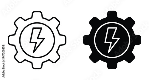Gear with lightning bolt icon representing energy efficiency power management industrial automation electrical engineering mechanical settings optimization and sustainable technology