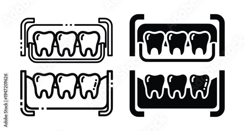 Dental x ray scan icons showing teeth in gums with line and solid styles for medical dentistry and oral health care