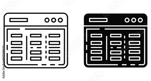 Web browser window interface showing spreadsheet data table with columns and rows in outline and solid black glyph icon styles