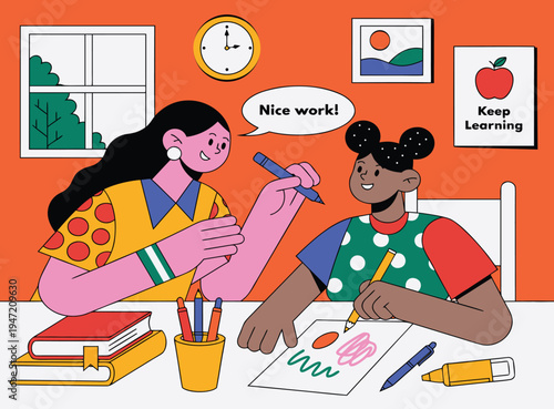 Teacher Encouraging Child Drawing in Classroom Illustration