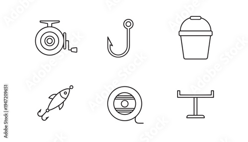 Fishing gear icons set - vector graphics for angling and outdoor recreation with rod holder with icon set with white background with flat design