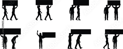 People holding blank banner silhouettes set, men and women carrying empty signboards for advertising, protest or promotion isolated on white background