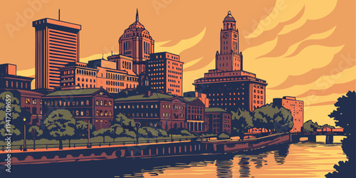 Providence Skyline at Sunset – River Reflections, Panoramic Cityscape, and Classic New England Charm