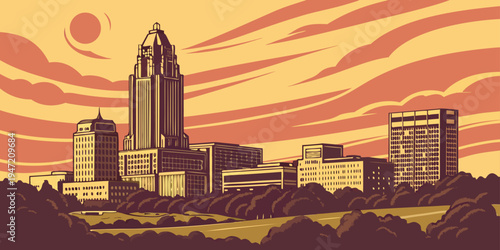 USA, US, U.S, United States - Raleigh Skyline at Sunset – Glowing Skyscrapers, Dramatic Clouds, Panoramic Cityscape of the United States