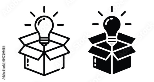 Lightbulb coming out of an open box icon set representing creativity innovation thinking outside the box and new business ideas
