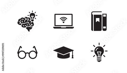 Education and knowledge icons - set for learning, brainstorming, and technology concepts, graduation cap, icon set, online learning, e learning, white background