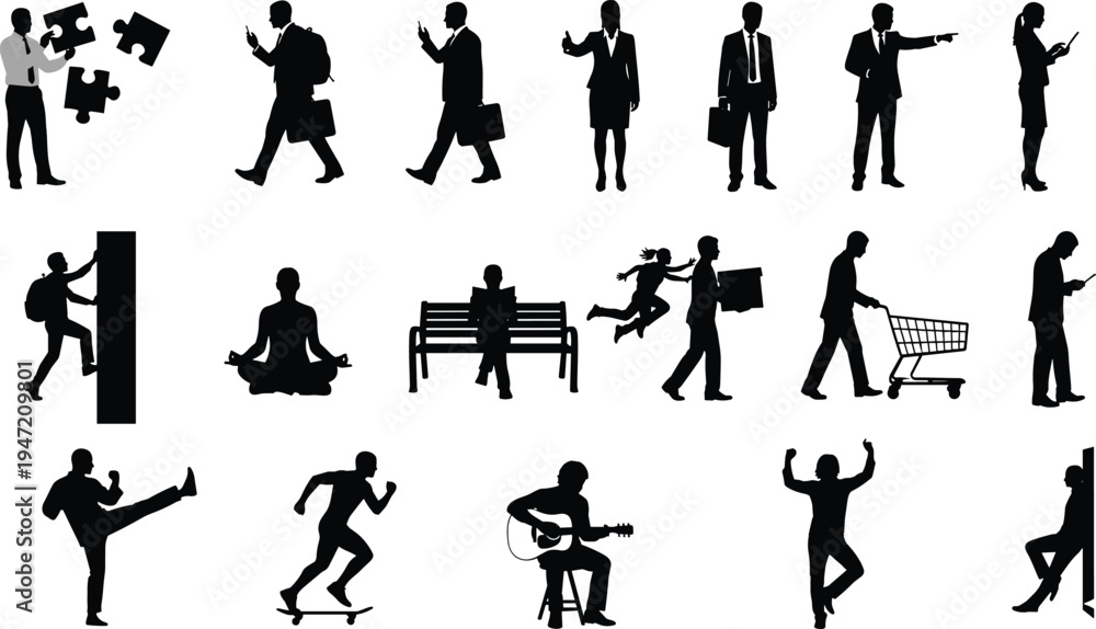 Fototapeta premium People silhouette collection with various activities including business, shopping, meditation, sports, music and daily lifestyle poses, human action icons isolated on white
