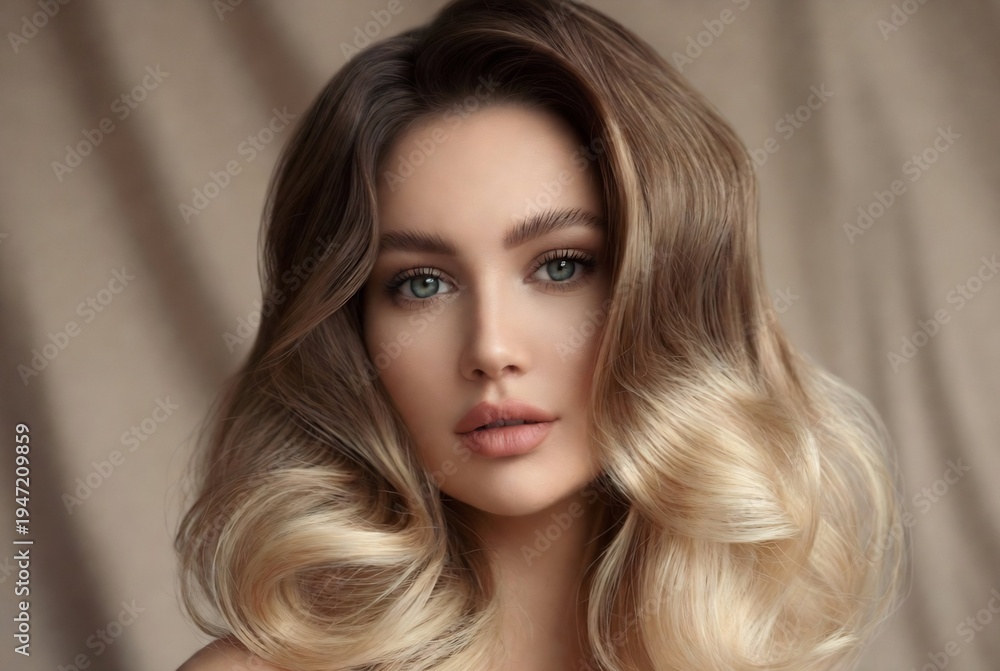 Fototapeta premium A woman with blonde hair and makeup is posing for a portrait. She’s in a studio setting with draped fabric as a backdrop.
