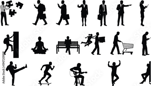 People silhouette collection with various activities including business, shopping, meditation, sports, music and daily lifestyle poses, human action icons isolated on white
