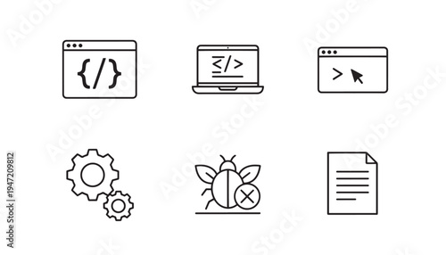 Web development icons - vector graphics for coding, debugging, and web design, icon set, white background, flat design