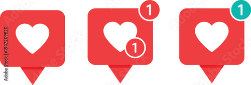 MobileSocial media like notification icons set, red heart speech bubbles with number one counter for engagement, love, and community alerts
