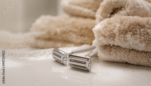 Lying twin silver double-edge razors on glossy bathroom countertop, with folded beige towels nearby