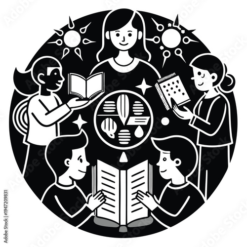 Community of students exploring nature and environmental science with a supportive teacher