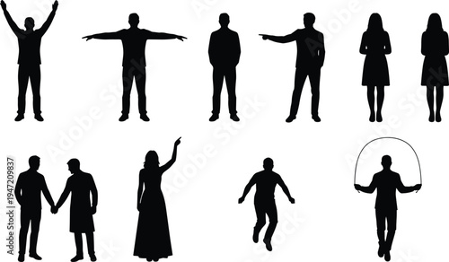 People silhouette collection with various poses including standing, pointing, celebrating, couple holding hands and jumping rope, human activity icons isolated on white background