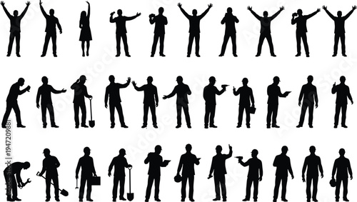 People silhouettes collection set, men standing, working, celebrating, talking and holding tools poses, diverse human actions isolated on white background for design