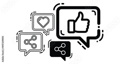 Social media engagement icons set featuring thumbs up like heart love and share symbols in speech bubbles for digital marketing