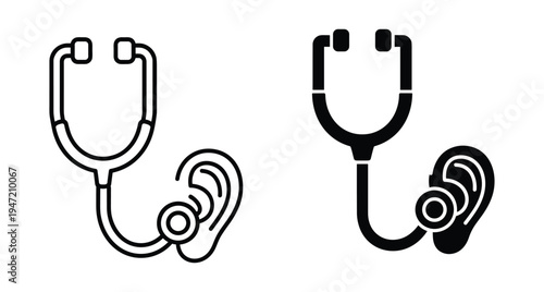 Stethoscope and ear icon set representing medical hearing examination diagnostic tool for otology audiology health checkup clinical equipment vector illustration