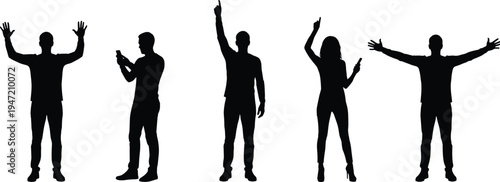 People using smartphone and gesturing silhouette collection, men and woman standing with raised hands and mobile phone isolated on white background for communication concept