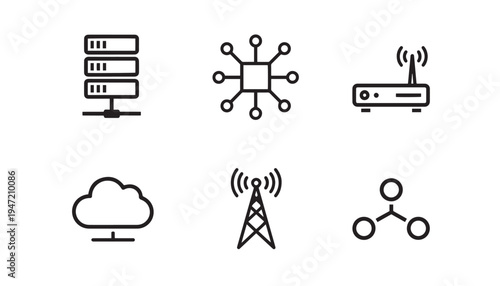 Network and technology icons line art: servers, circuit board, router, cloud, antenna, network diagram, internet icons, communication icons, server icons, wireless icons