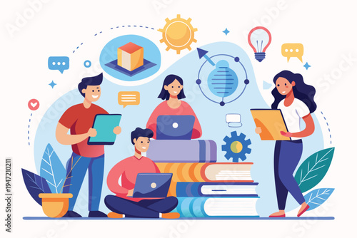 Diverse Team Collaborating on Creative Projects Using Technology and Knowledge Resources