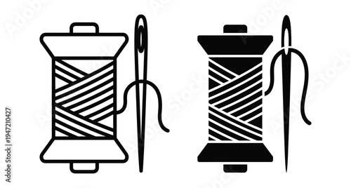 Sewing needle and thread spool icons set with black outline and solid silhouette styles for tailoring craft and fashion design