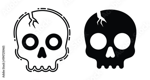 Cracked skull icons in outline and solid black styles for halloween horror death and gothic design projects featuring minimalist cracked skull icons