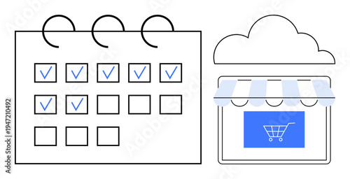 E-commerce, online shopping, appointment scheduling, retail booking, business planning, cloud services. Calendar with marked dates and a cloud store with a cart symbol. Perfect for e-commerce