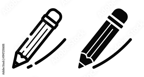Pencil icons for writing and drawing including outline and solid versions with eraser and stroke line for creative design work