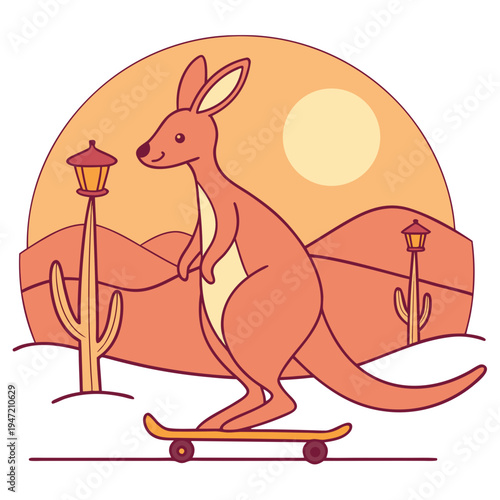 Charming SVG of a Funny Kangaroo featuring riding a skateboard, styled in a Desert sunset theme with Sundown Glow hues
