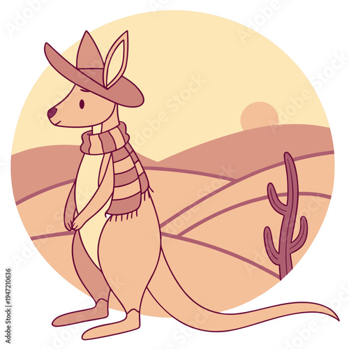 Playful Peaceful Kangaroo design, styled with with a scarf and Sundown Glow shades in a Desert sunset setting