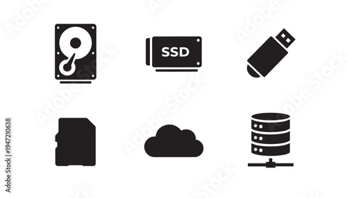 Storage and data icons: hard drive, ssd, usb drive, sd card, cloud, database, sd card, white background, flash drive, solid state drive
